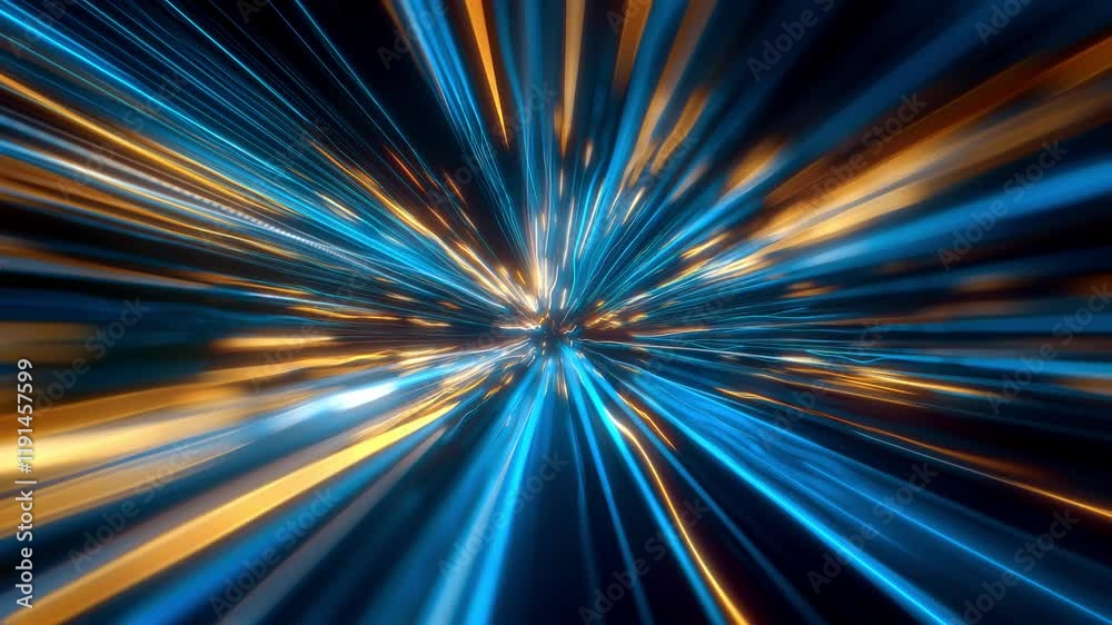 Abstract blue and orange neon light streaks moving fast through on a dark tunnel. Concept of speed, motion or futuristic technology. 4k seamless loop video