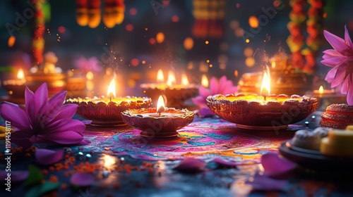 candles are lit in a row on a table with flowers photo