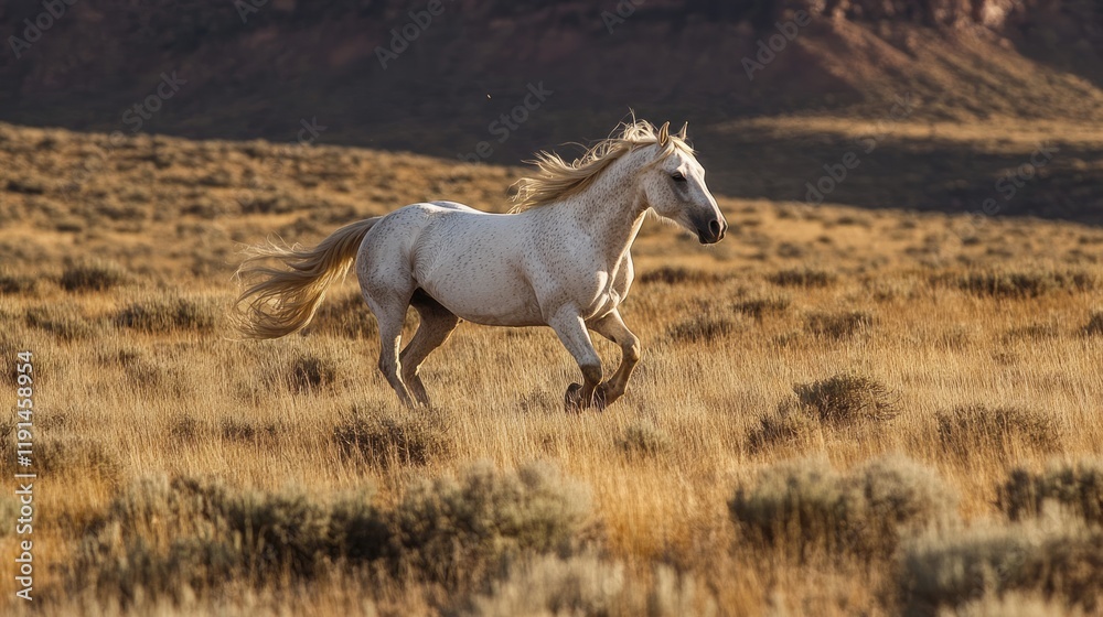 Wild white horse galloping across desert plain at sunset