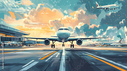 The jet aircraft on the runway, preparing for takeoff amidst a bustling airport, illustrating the dynamic nature of air travel and global connectivity. Starstream. Illustration