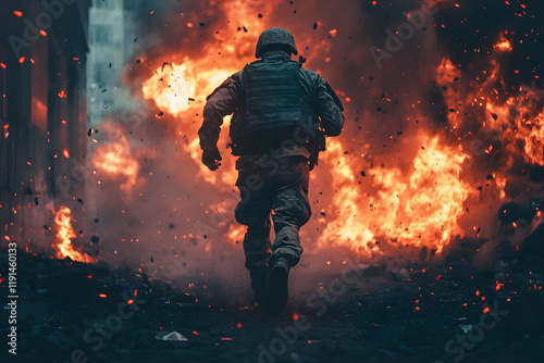 Soldier against burning town.