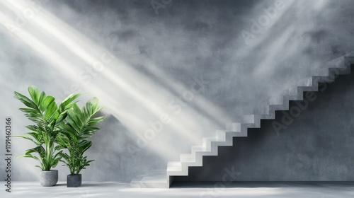 Modern minimalistic interior with stairs green plants