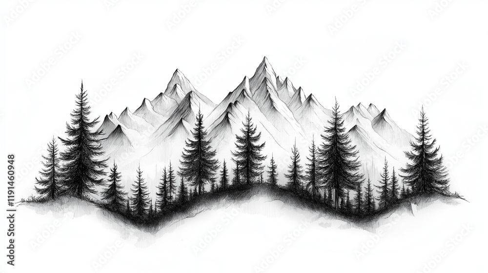 Obraz premium A scenic hand-drawn sketch of a mountain range, featuring detailed peaks, rolling hills, and a few trees. Rendered in a clean pen-and-ink illustration style on a pure white background