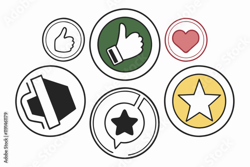 Minimalist social media icons, flat design, thumbs up and down, heart, star, black white green red yellow pink colors, circular shapes, simple vector graphics, clean layout, modern UI elements, social