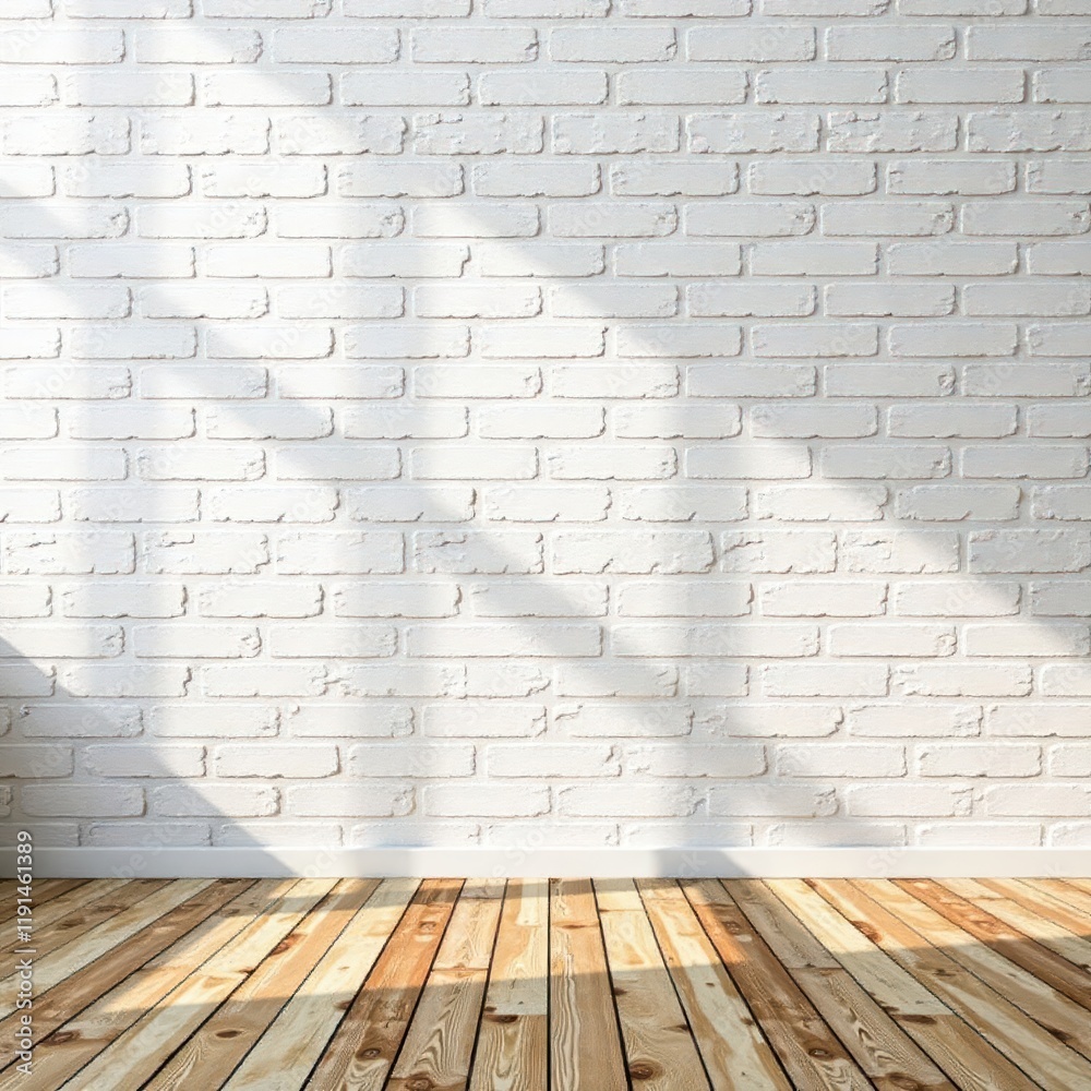 Fototapeta premium Textured white brick wall backdrop, rich wood flooring , rustic, surface, building