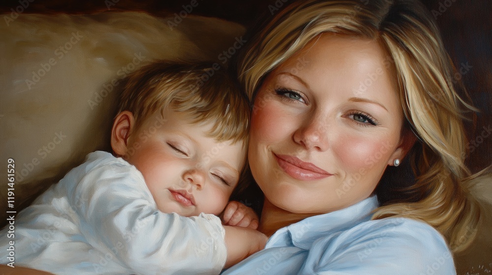 Heartwarming Portrait of Mother and Sleeping Baby in Soft Lighting Heartwarming Portrait of Mother and Sleeping Baby in Soft Lighting