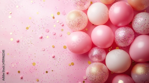 Pink and Gold Party Decor with Balloons and Confetti on Background