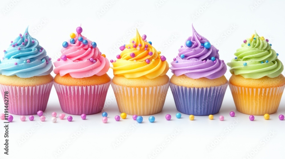 Colorful Cupcakes with Swirled Frosting and Sprinkles Displayed Colorful Cupcakes with Swirled Frosting and Sprinkles Displayed