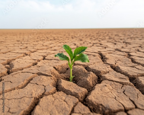Resilience in Arid Lands Green Sprout Emerging from Cracked Earth
