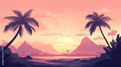 Serene Tropical Sunset Over Mountains and Beach