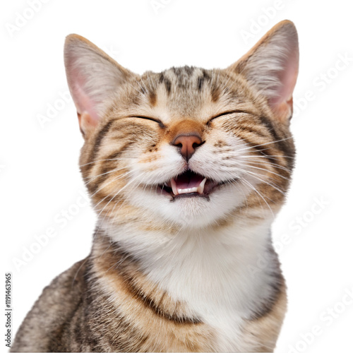 cute, adorable cat having cute smile on its face with closed eyes on white background