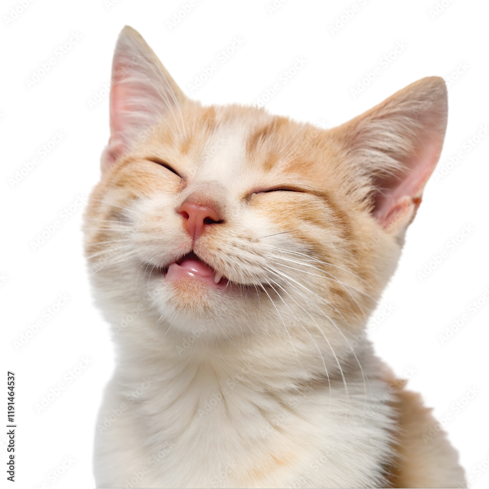Obraz premium cute, adorable cat having cute smile on its face with closed eyes on white background
