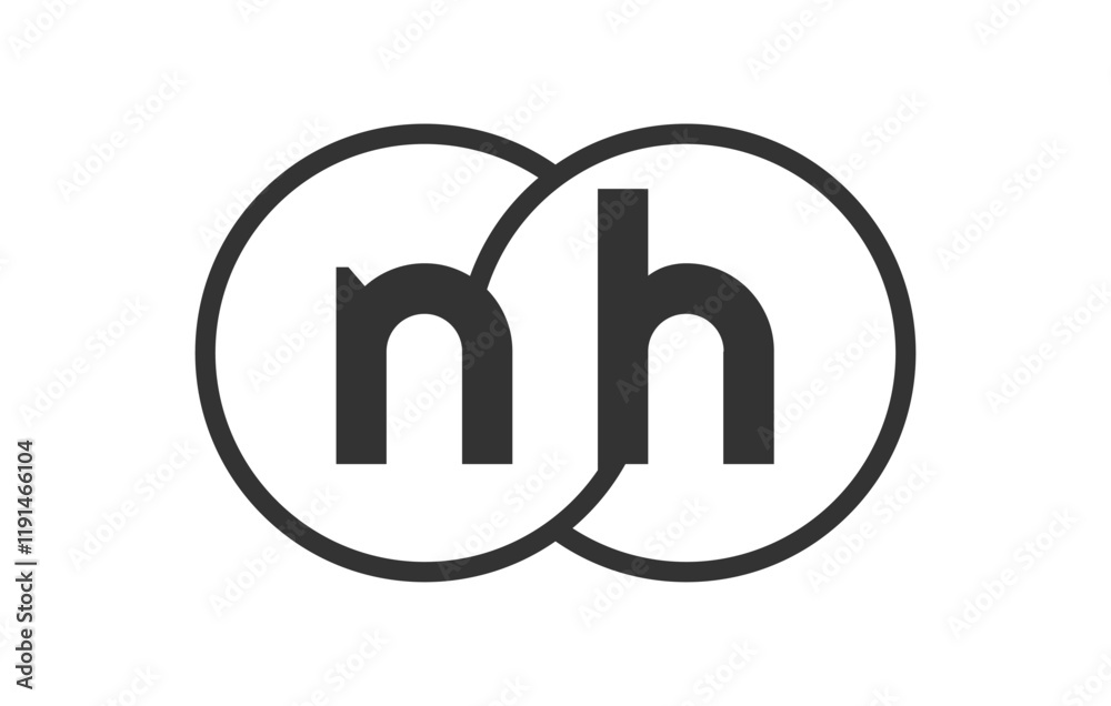 NH business company emblem with outline rounds and letters n h. Logo template of two merged circles for brand identity, logotype. Vector Infinity symbol NH business company emblem with outline rounds and letters n h. Logo template of two merged circles for brand identity, logotype. Vector Infinity symbol