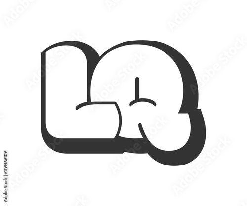 LQ logo, bubble comic lettering, rounded in graffiti style black and white silhouette. Trendy preschool L and Q letter text for festival party, personal initials, children funky print and web.