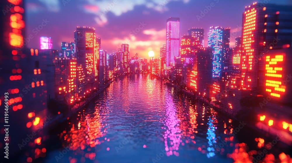 Obraz premium Neon Cityscape at Sunset: A Digital Masterpiece
