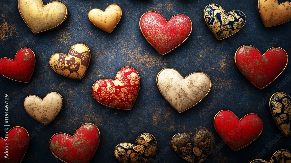Fototapeta premium Scattered Decorative Hearts on Dark Background