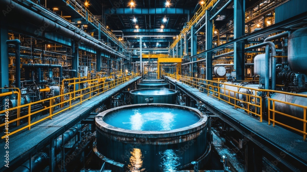 Obraz premium Industrial Water Treatment Facility with Large Round Tanks