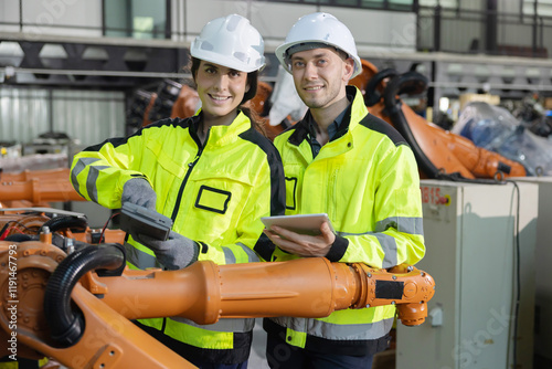 Two engineers work  in a  robotic arm manufacturing facility photo