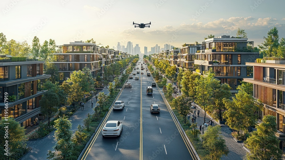 Fototapeta premium Drone Delivery over Eco-Friendly Cityscape