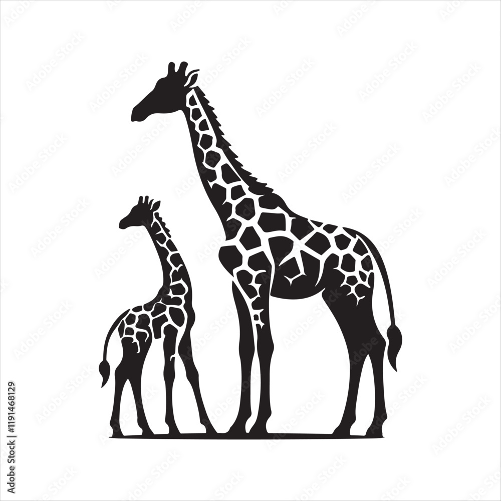 Obraz premium Baby giraffe next to its parent silhouette vector illustration clipart black color design and solid white background