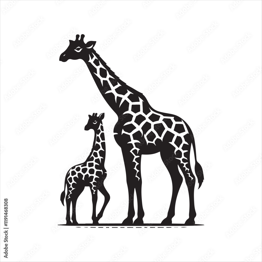 Fototapeta premium Baby giraffe next to its parent silhouette vector illustration clipart black color design and solid white background