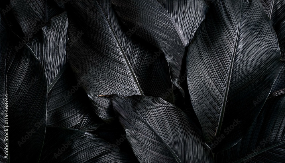 Obraz premium Generated image Textures of abstract black leaves for tropical leaf background. Flat lay, dark nature concept