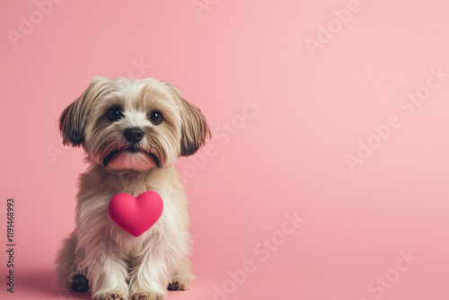 Aspin Dog holding a small heart-shaped flower, sitting on a pink background, postcard design with empty space for greeting. Valentine concept, veterinary photo