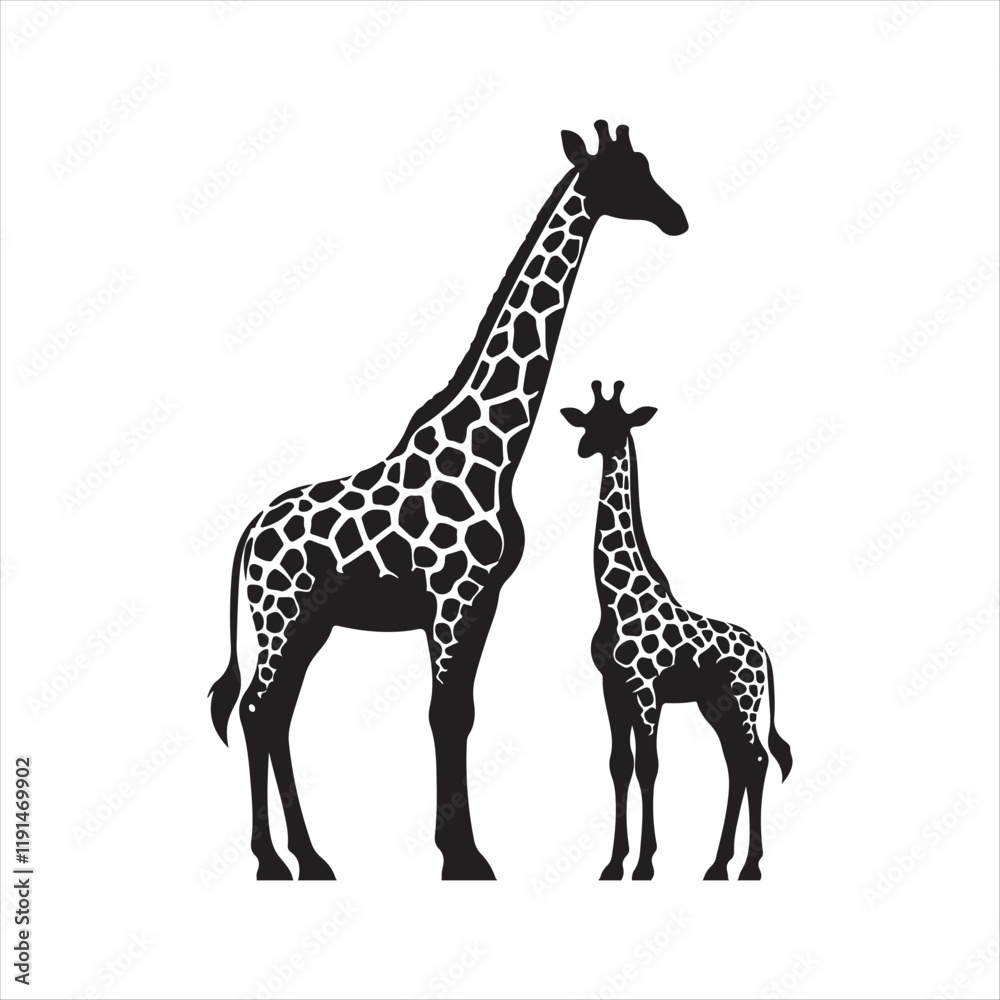 Obraz premium Baby giraffe next to its parent silhouette vector illustration clipart black color design and solid white background