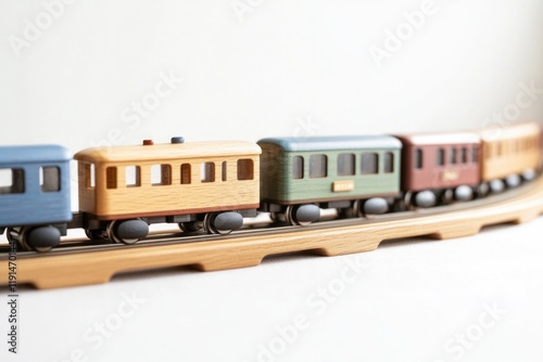 Colorful wooden train cars on curved track create nostalgic atmo