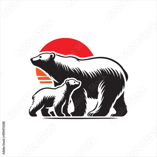 Polar bear with cub silhouette vector illustration clipart black color design and solid white background 