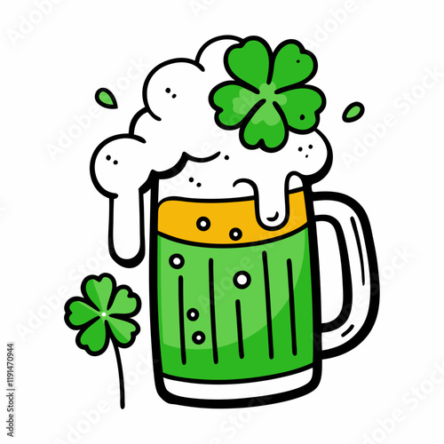 A frothy mug of green beer is adorned with a shamrock on top, with another shamrock lying next to the mug