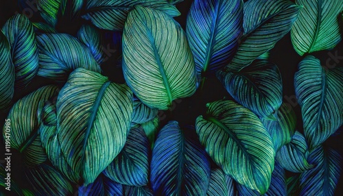 vivid close-up of tropical leaves with striking blue and green veins, perfect for nature themed decor, patterns, or graphic design projects

 photo