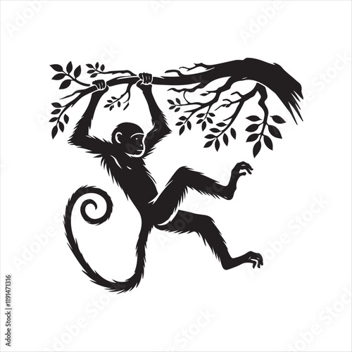 Monkey swinging from branch silhouette vector illustration clipart black color design and solid white background 