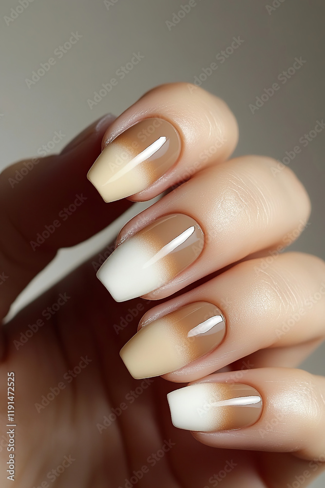 A nuanced nail design using café au lait, ivory and beige colors. Make sure the boundaries between each color are blurred to create a gradient effect. Design each finger differently. General layout Th A nuanced nail design using café au lait, ivory and beige colors. Make sure the boundaries between each color are blurred to create a gradient effect. Design each finger differently. General layout Th