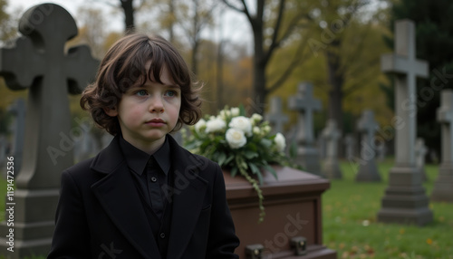 A young boy stands at a cemetery, reflecting on the sadness of a funeral surrounded by flowers and solemnity.