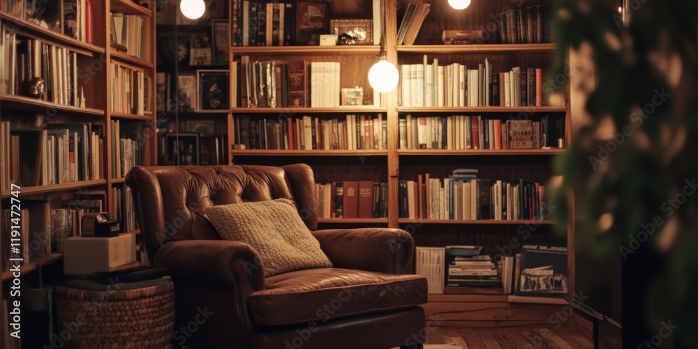 A cozy reading nook with a comfortable chair and a wall filled with books. Warm lighting creates a welcoming atmosphere. Perfect for relaxation and literary exploration. AI A cozy reading nook with a comfortable chair and a wall filled with books. Warm lighting creates a welcoming atmosphere. Perfect for relaxation and literary exploration. AI