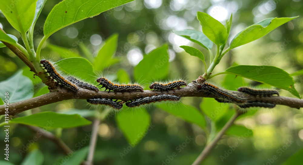 Naklejka premium a swarm of caterpillars on a leaf stem