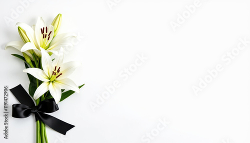 Elegant banner design featuring a white lily and black ribbon, providing a serene place for text in memory of the deceased for funeral service or memorial.