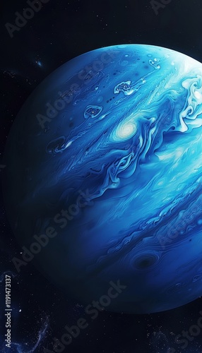 Stunning close up of neptune s vibrant atmosphere with dynamic colors and starry background photo