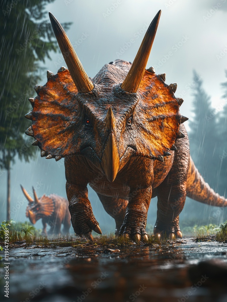 Obraz premium Triceratops Roaming in a Lush Rainy Forest Landscape with Vibrant Vegetation