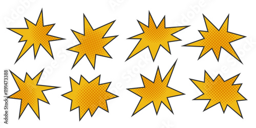 Abstract pop art star shapes set. Simple pop art Funky cartoon halftone textured sparks. Speech bubble Balloon isolated on white background. Starburst explosion icon sticker for design