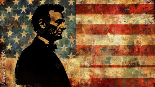 Silhouette of a historical figure with the US flag in the background with aged texture