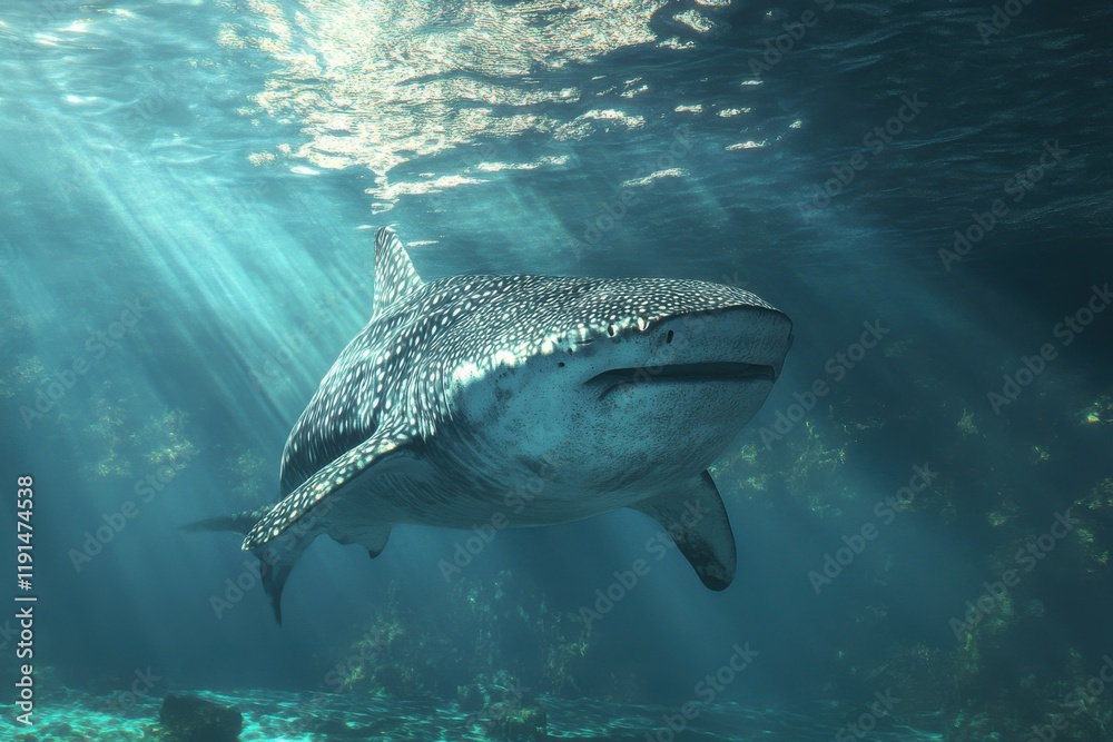 Naklejka premium Image of serene whale shark in vast ocean sanctuary MessageBoxIcon Stunning whale shark in serene ocean sanctuary