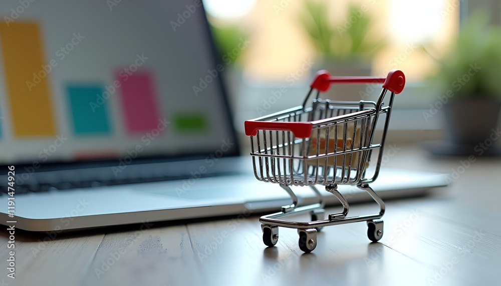 Mini shopping cart next to laptop with charts for online shopping and e-commerce concept Mini shopping cart next to laptop with charts for online shopping and e-commerce concept