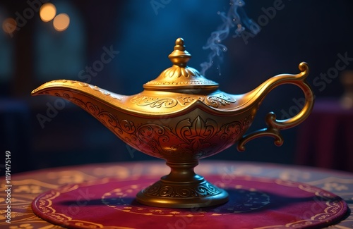Gold lamp Aladdin with a blue background. The lamp is lit and has a blue smoke coming out of it