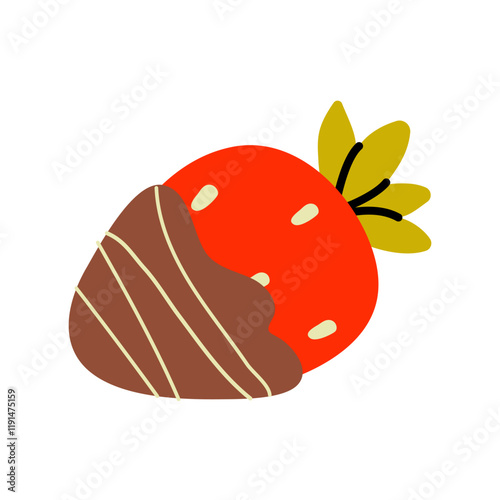 Bright red strawberry dipped in chocolate with decorative swirl pattern on a white background