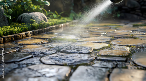 Cleaning patio stones with a water jet stream, removing moss and grime for a refreshed outdoor space. Starstream. Illustration