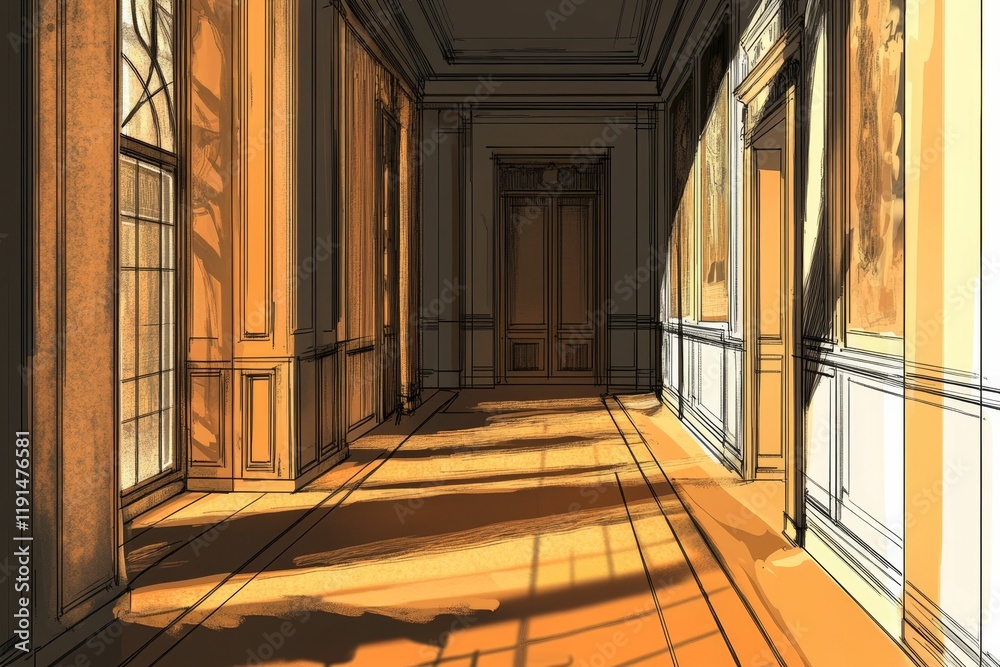 Obraz premium Sunlit hallway, wood paneling, large windows, doors.