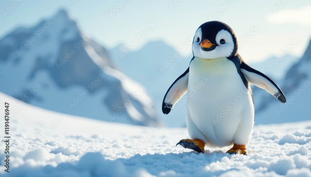 Fototapeta premium Happy penguin waddling on snow with big smile, animal, graphic