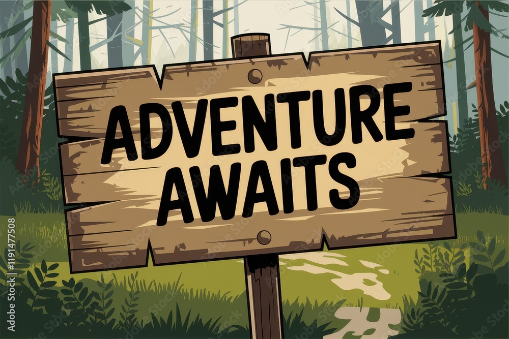 Wooden Signpost Announces Adventure Awaits in Forest Wooden Signpost Announces Adventure Awaits in Forest